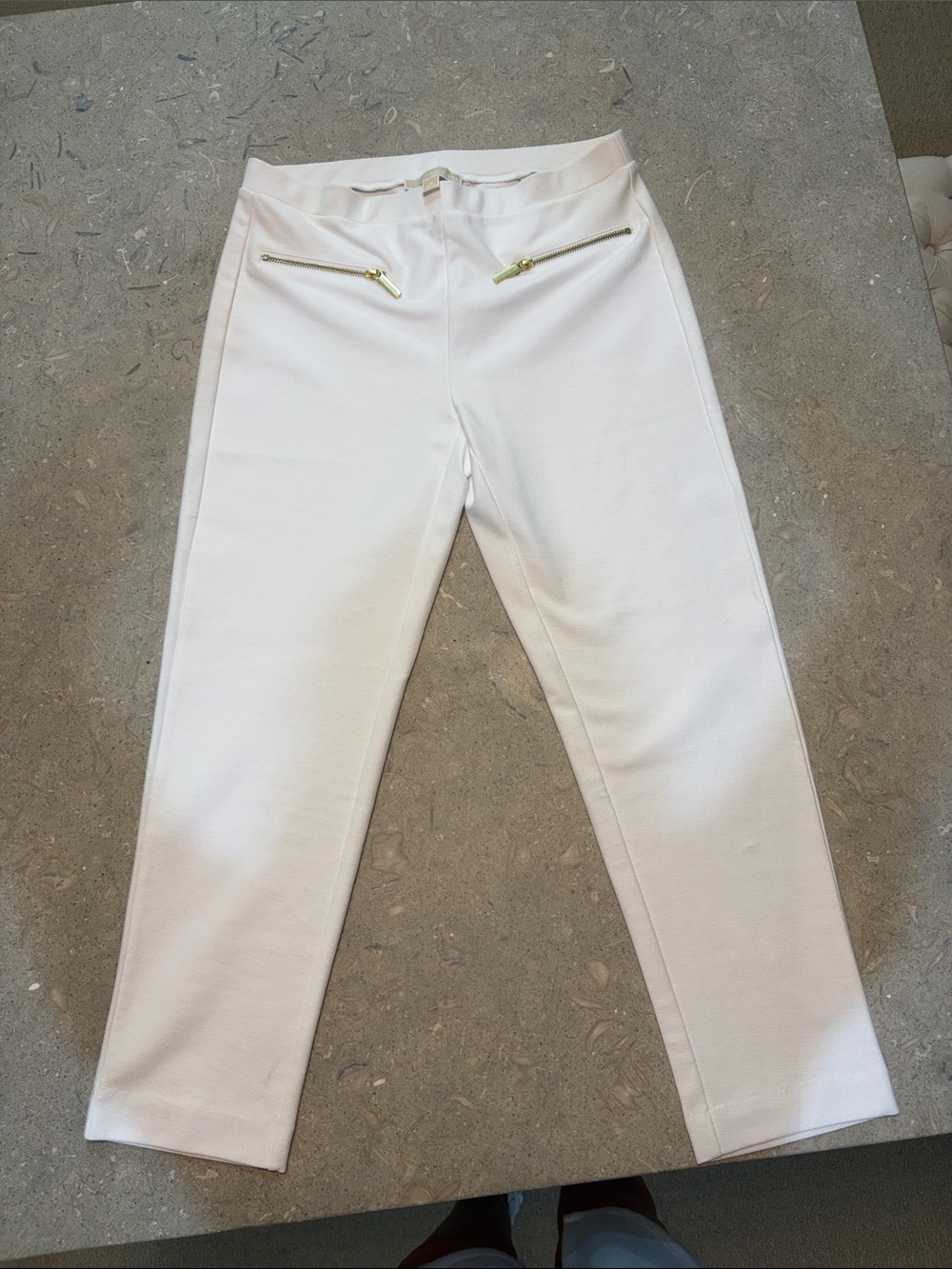 Michael Kors Women’s White Pull-On Slim Crop Pants with Gold Zip Detail